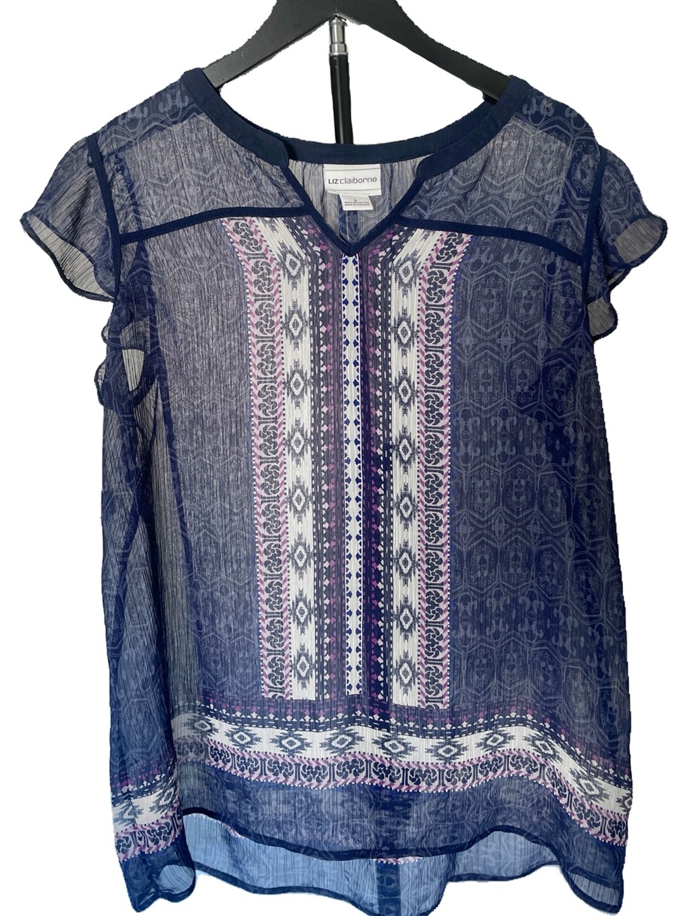 Liz Claiborne Boho Sheer Medallion Border Print V-Neck Blouse Large